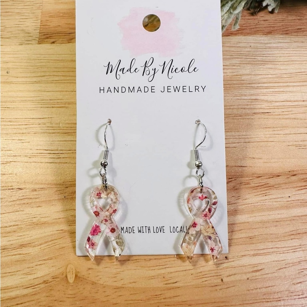 Hand Crafted Pink Ribbon Earrings - cancer awareness